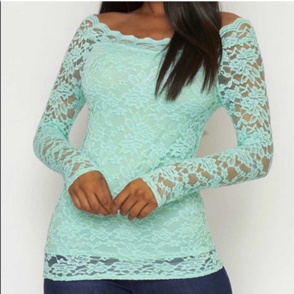 MINT LACE OFF SHOULDER LONG SLEEVE TOP